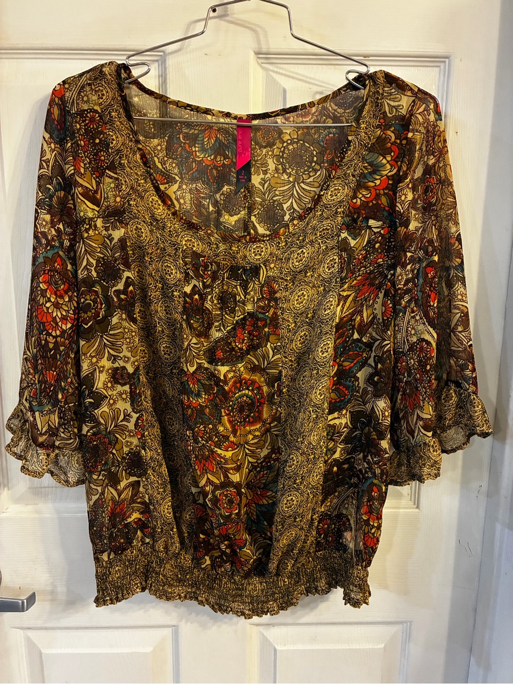 Pure Energy Brown Paisley Floral Scoop Neck Blouse, Size: 2